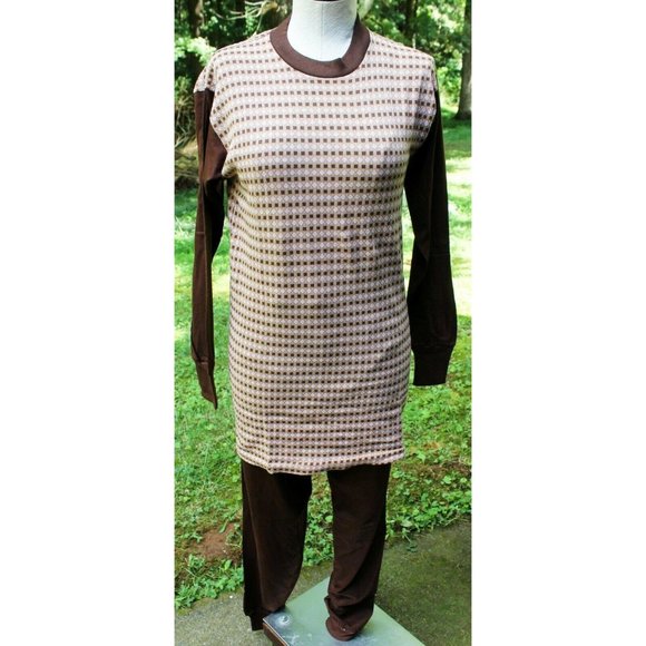 Vtg 1960s Ambassador Polyester Dress Brown Leggings Diamond Square Casual Long - Picture 1 of 11